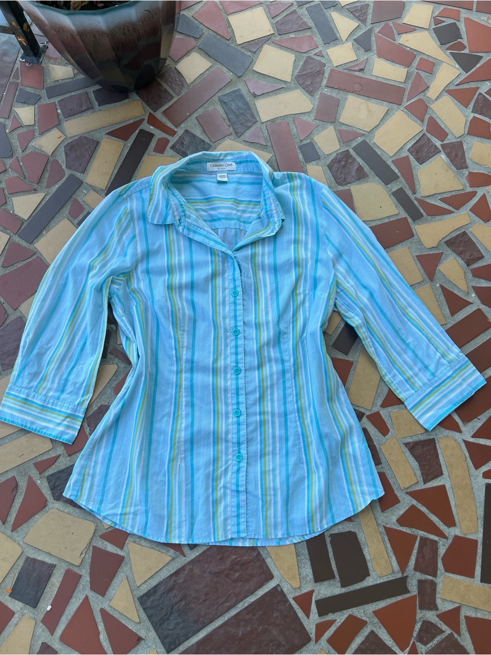 Coldwater Creek Aqua and Blue Striped Button-Front Shirt